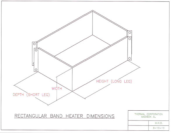 Diagram showing the dimensions of a Thermal Corporation rectangular band heater