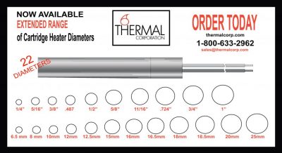 diagram showing the 22 new extended ranges of cartridge heater diameters