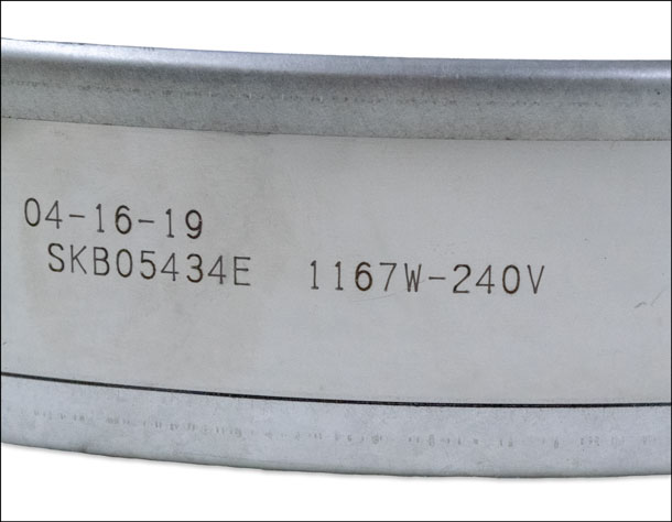 engraving of wattage and voltage on a Thermal Corporation mica band heater