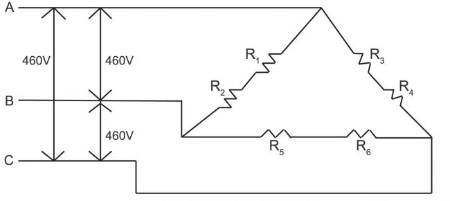 diagram of heaters wired in delta configuration with two heaters on each branch