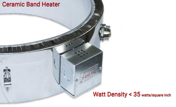 watt density of a Thermal Corporation ceramic band heater is less than 35 watts per square inch